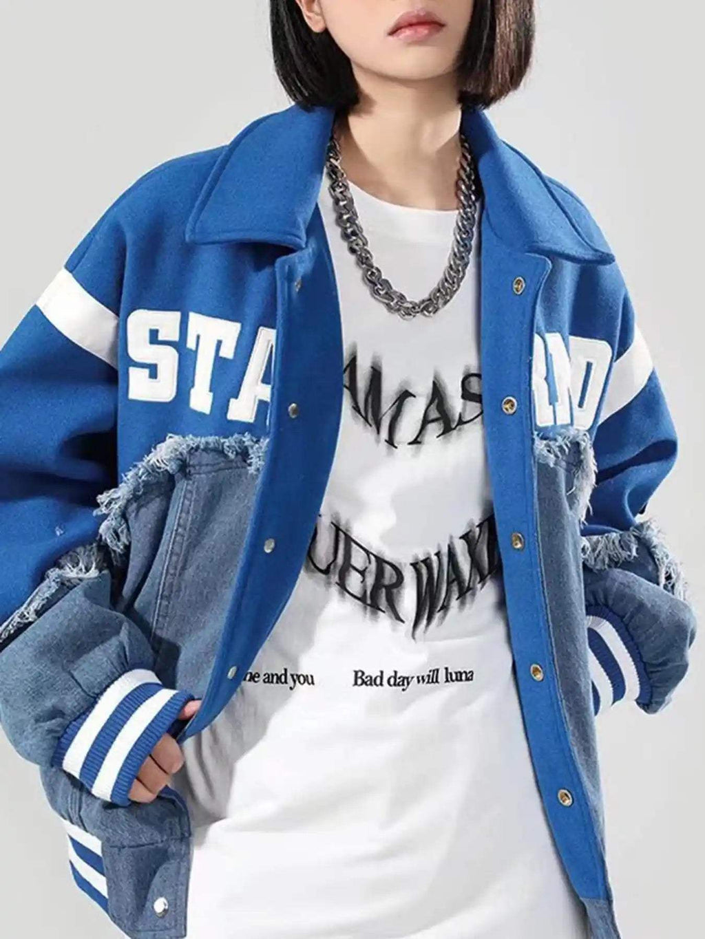 Disguisen American High Street Denim Fabric Splicing Baseball Jacket