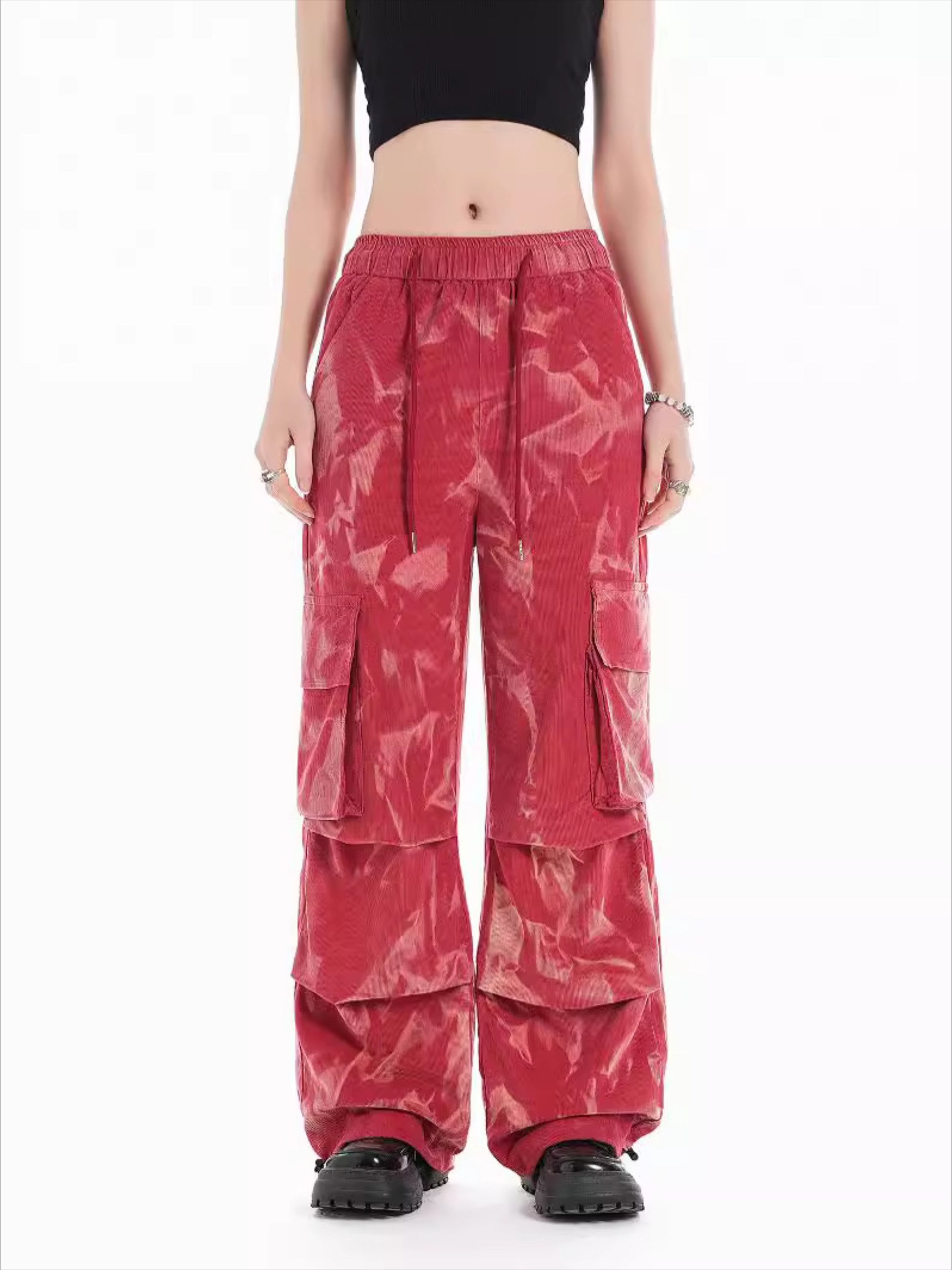 Tie-dye Pleated Corduroy Multi-pocket Pants