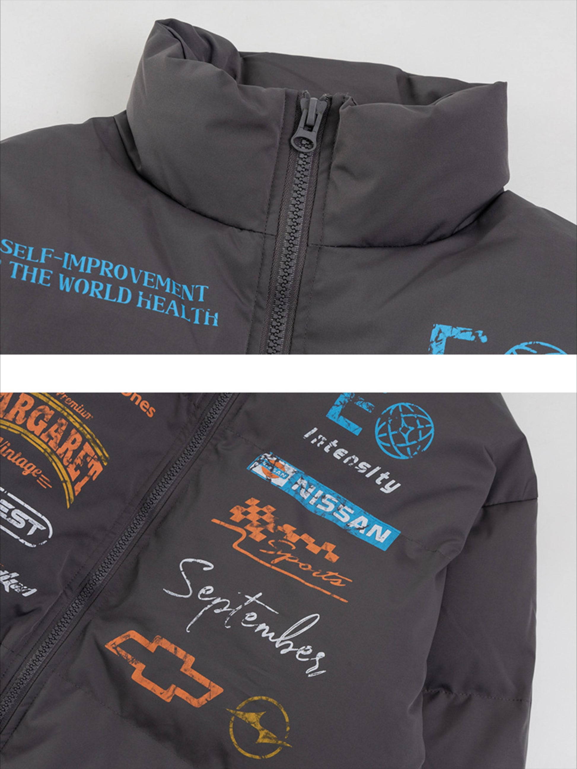 Retro Racing Print Stand Collar Coat