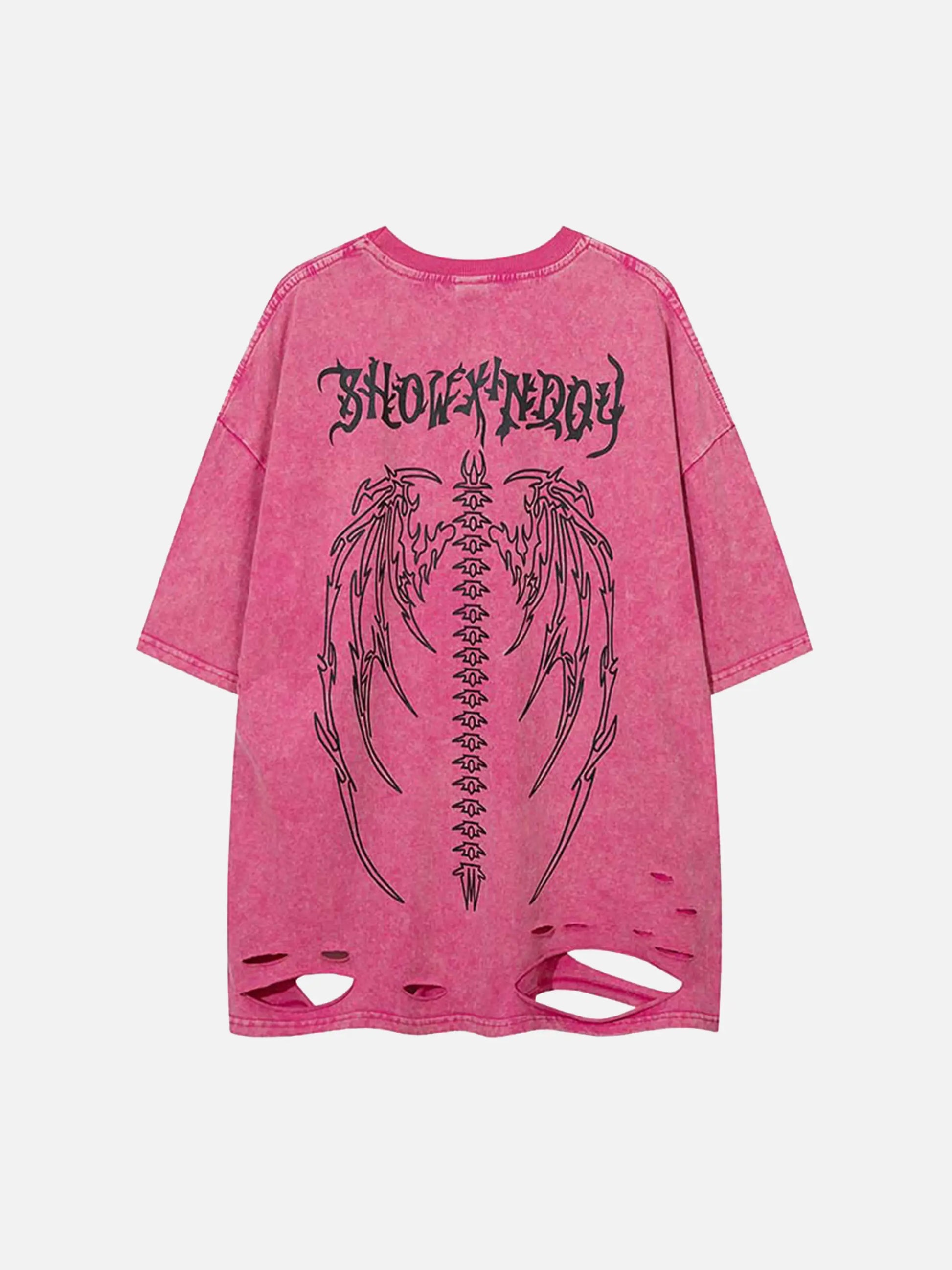 T-shirt déchiré avec ailes de crâne et motif hip-hop américain
