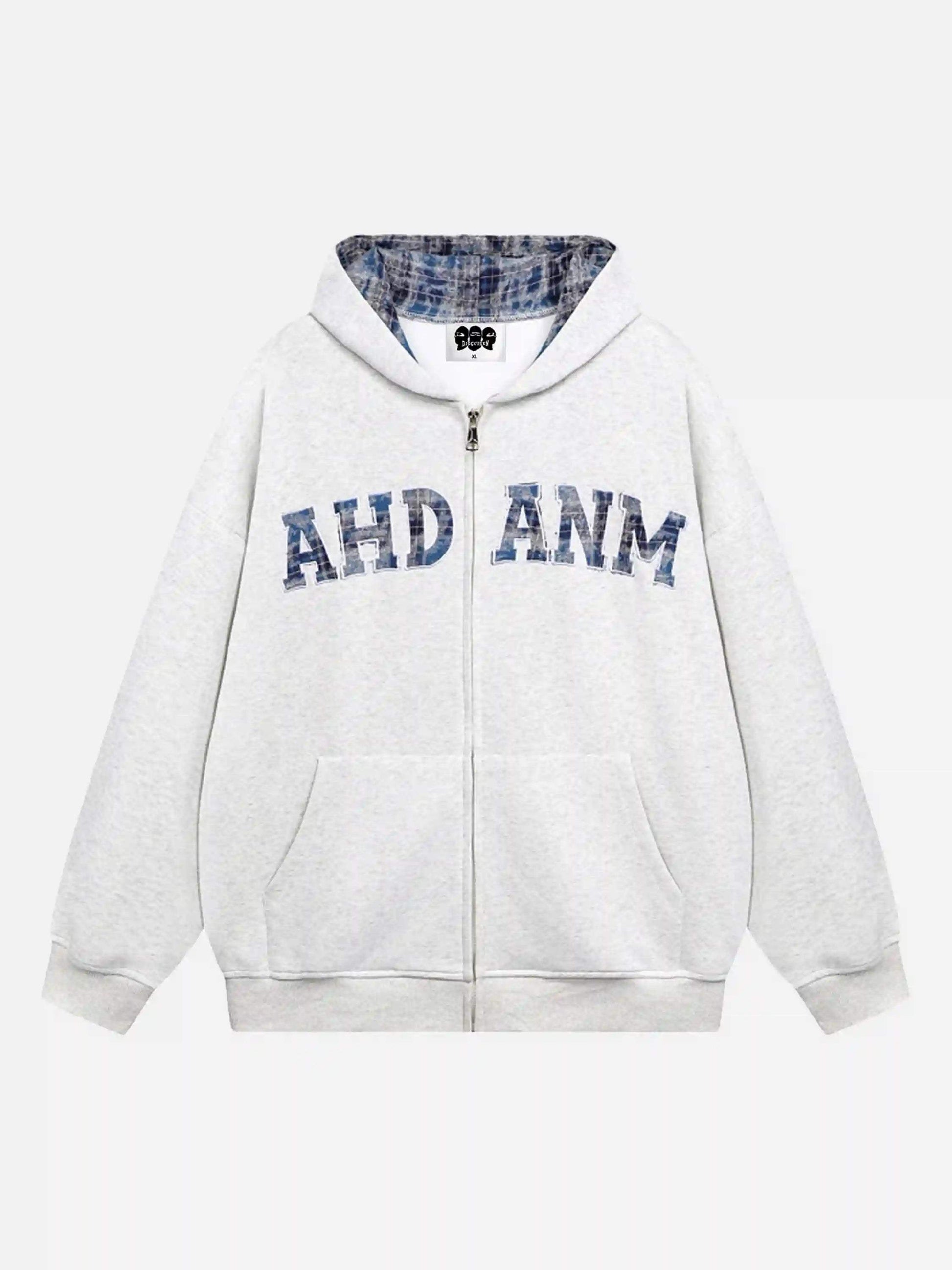 Disguisen Campus Style Plaid Embroidered Cardigan Hoodie