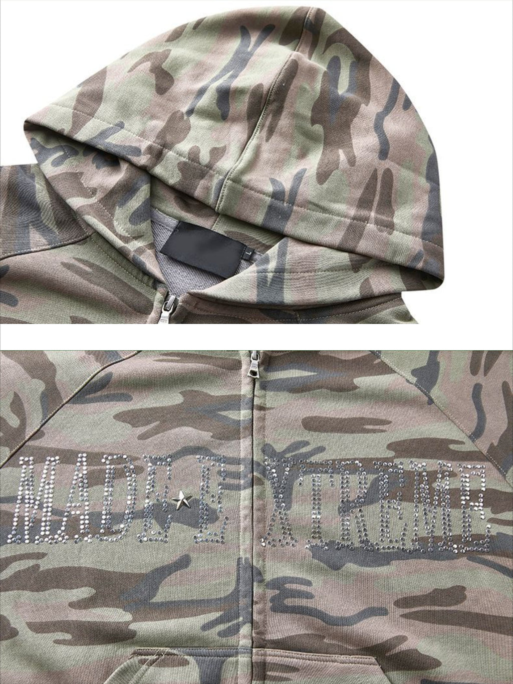 Camouflage Sequin Letter Pattern Zipper Hoodie