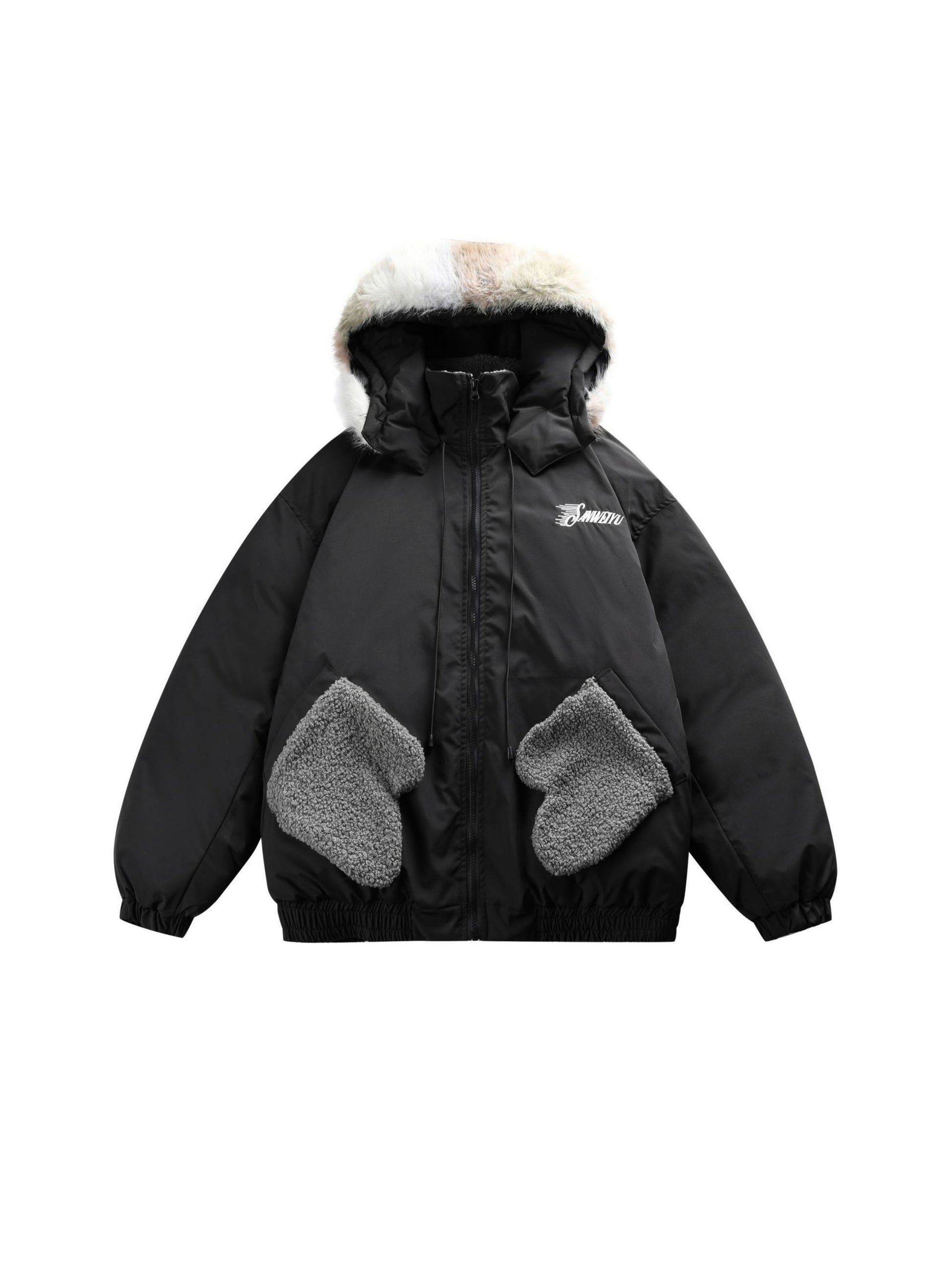 Fur Collar Patchwork Glove Pocket Hooded Jacket