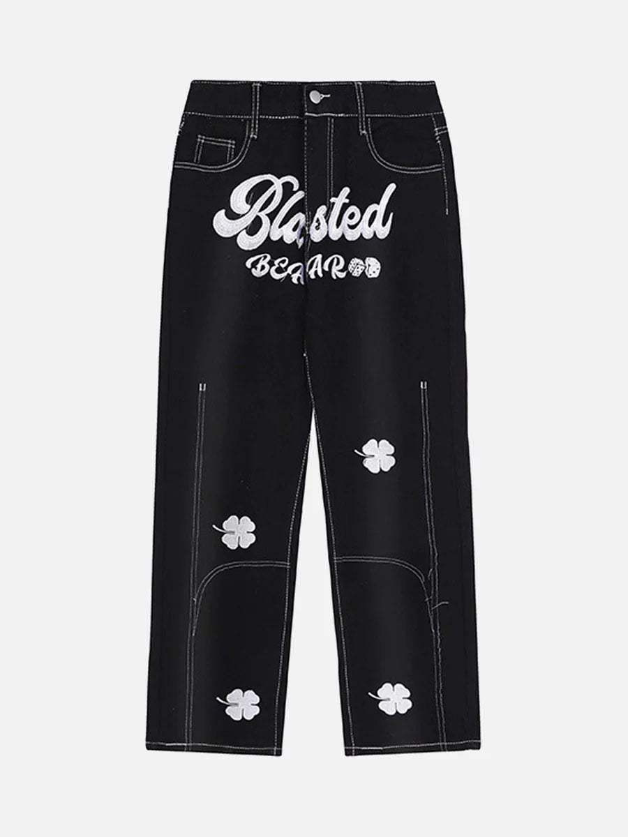 Disguisen Letter Lucky Clover Embroidered Baggy Jeans-1100