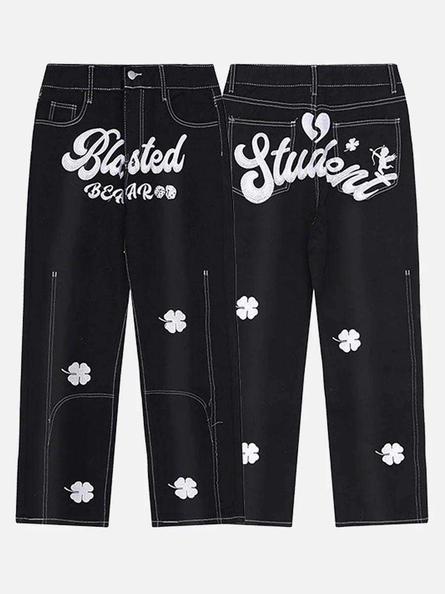 Disguisen Letter Lucky Clover Embroidered Baggy Jeans-1100
