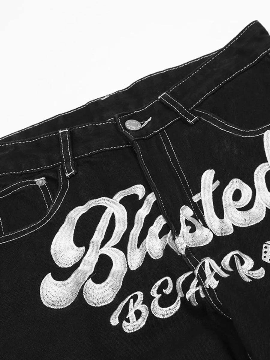 Disguisen Letter Lucky Clover Embroidered Baggy Jeans-1100