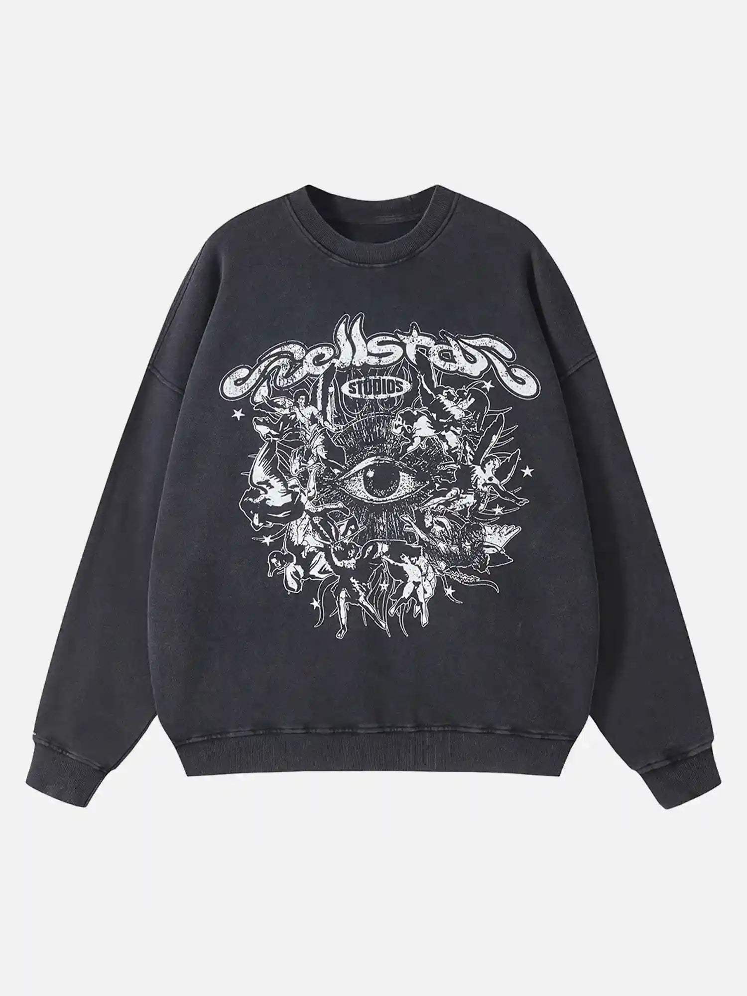 Disguisen Batik Distressed Loose Round Neck Sweatshirt