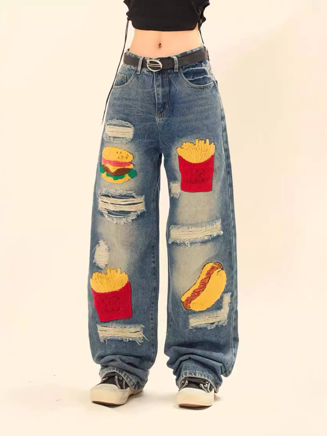 Hamburger French Fries Ripped Jeans