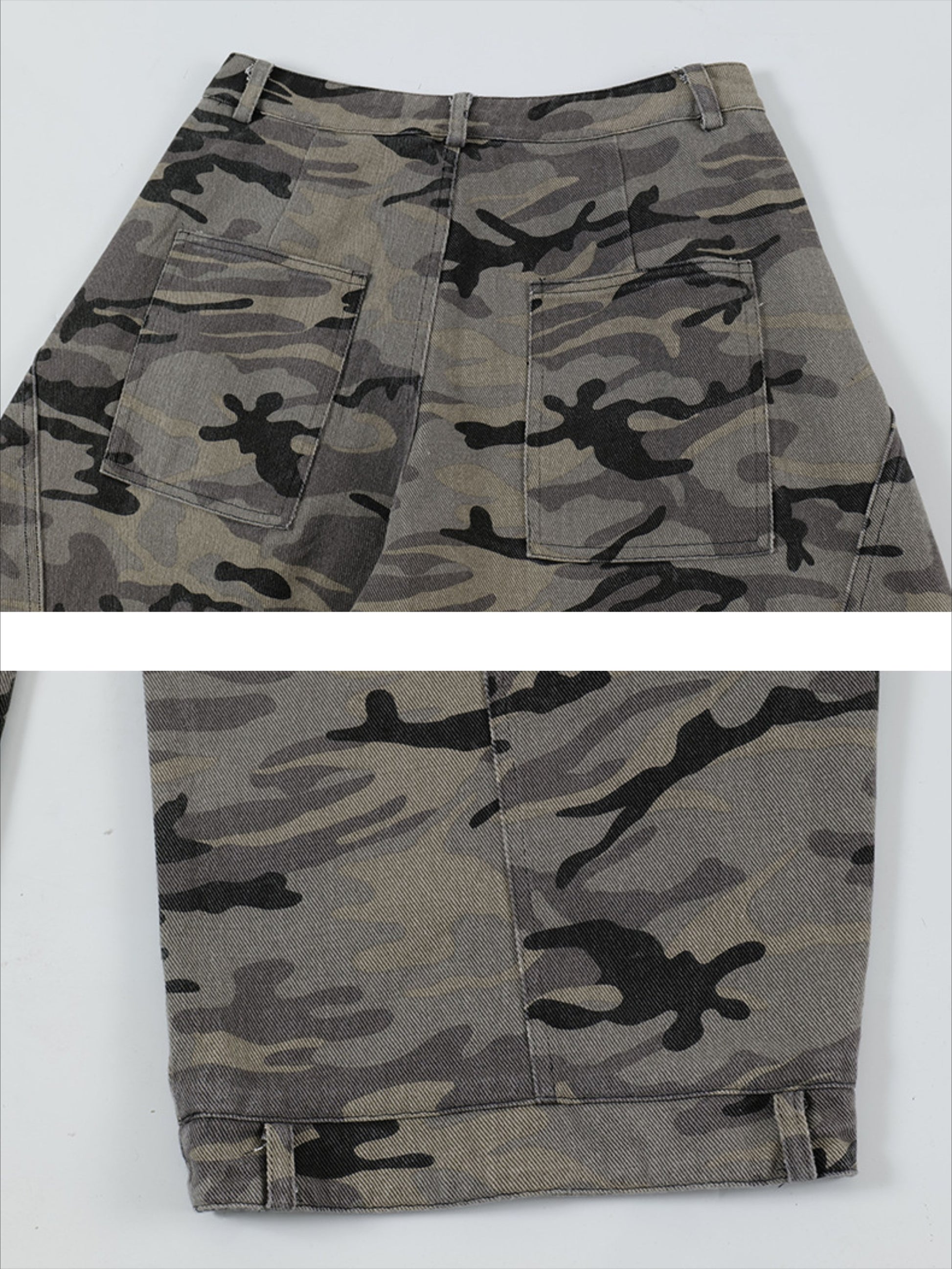 Curved Leg Paneled Camouflage Cargo Pants