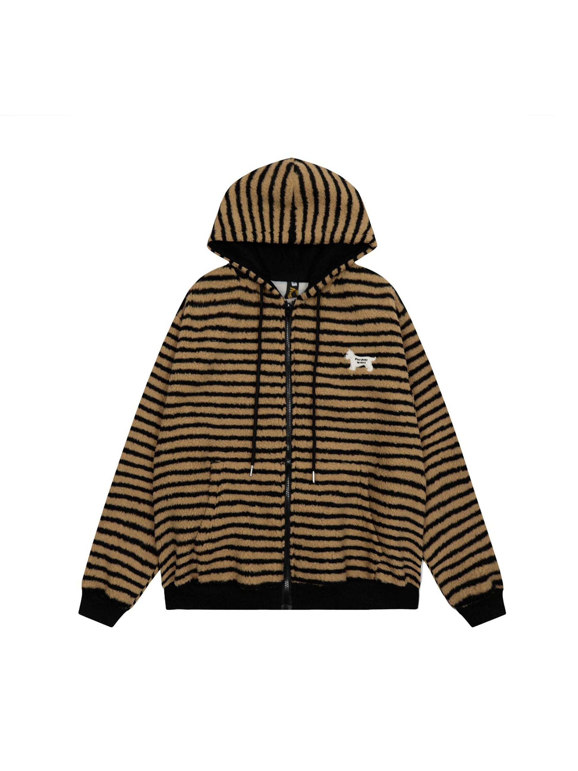 Puppy Patch Embroidered Striped Zip-Up Hoodie