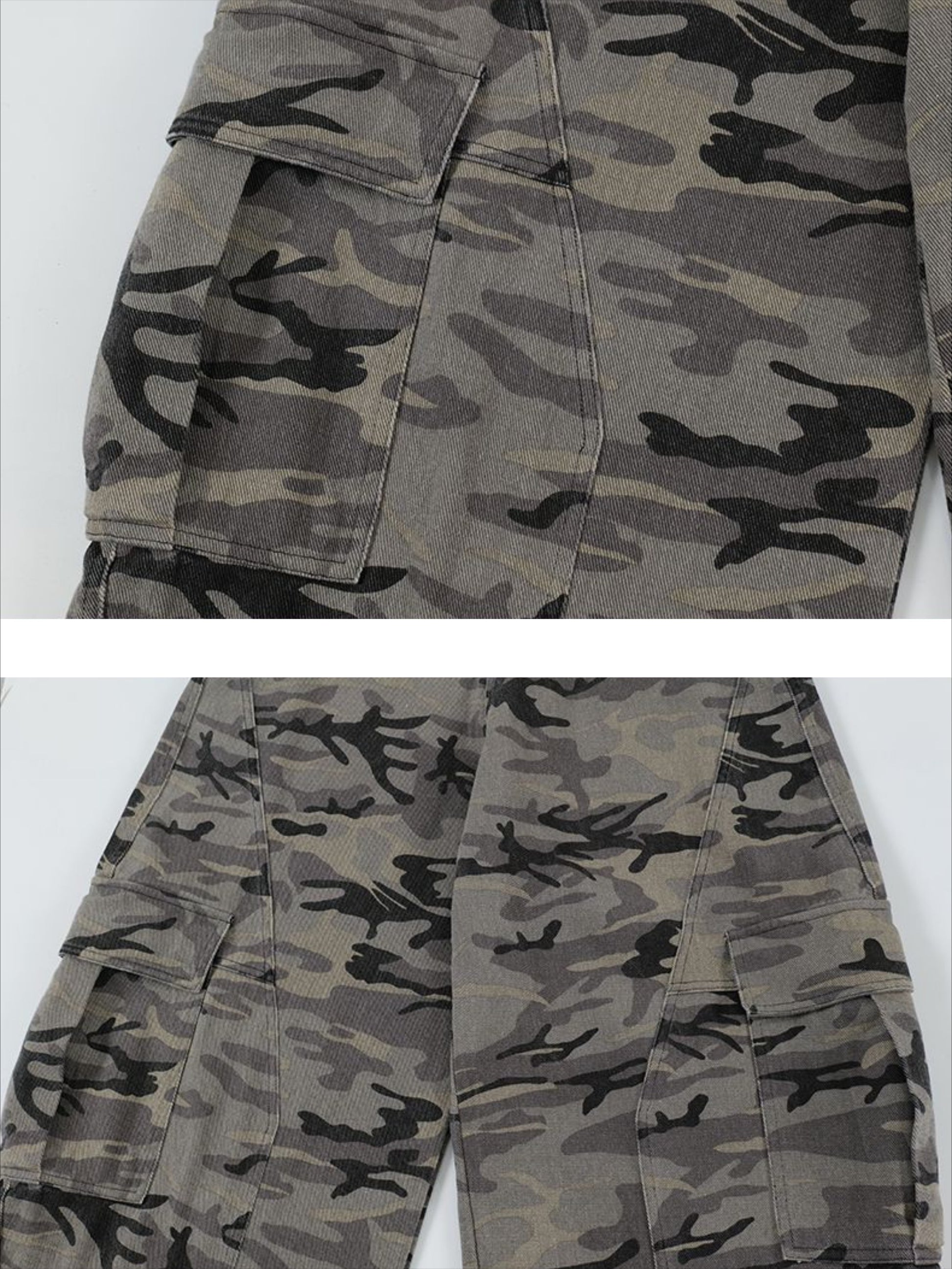 Curved Leg Paneled Camouflage Cargo Pants