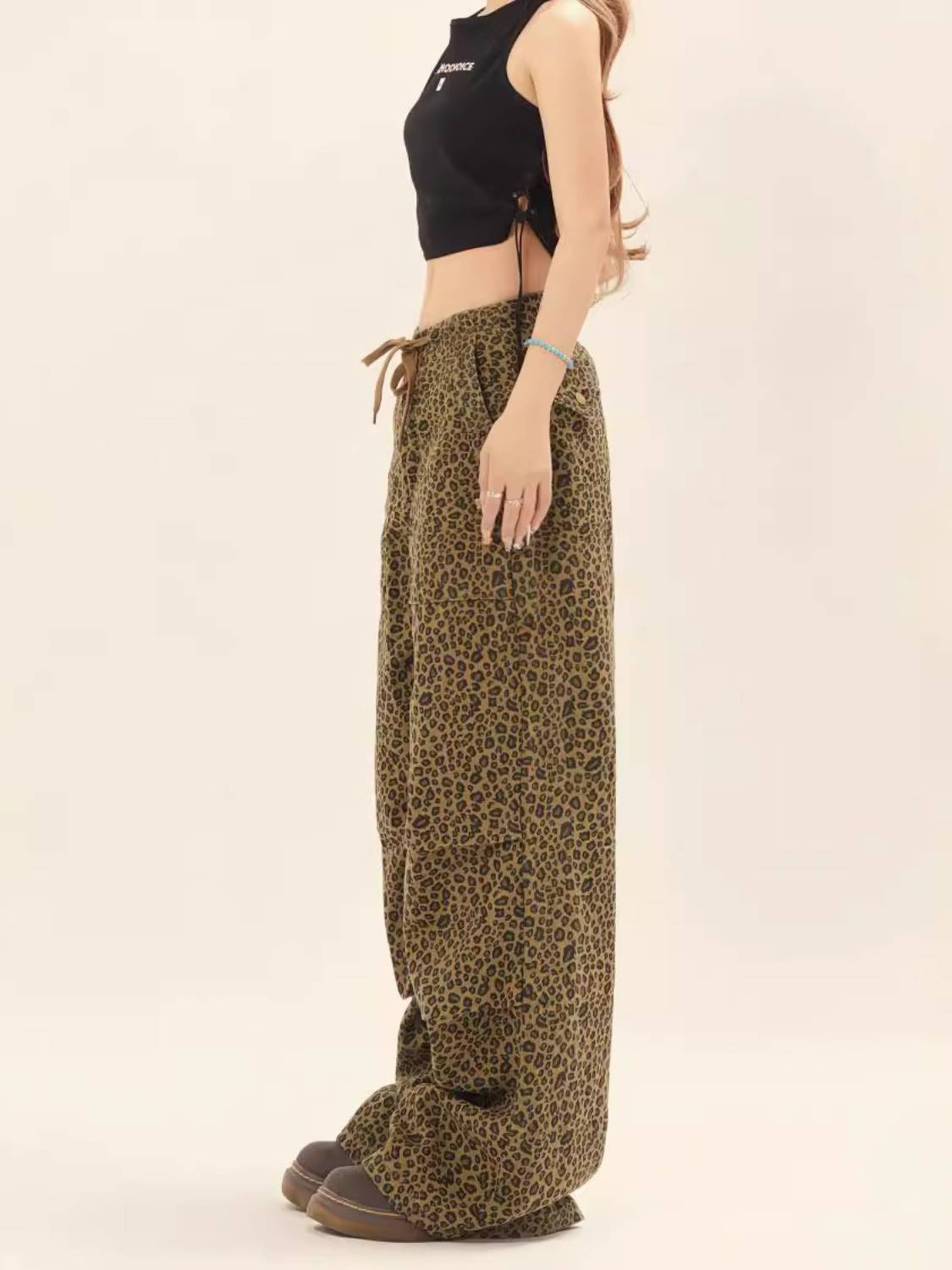 Leopard Print Drawstring Cargo Pants