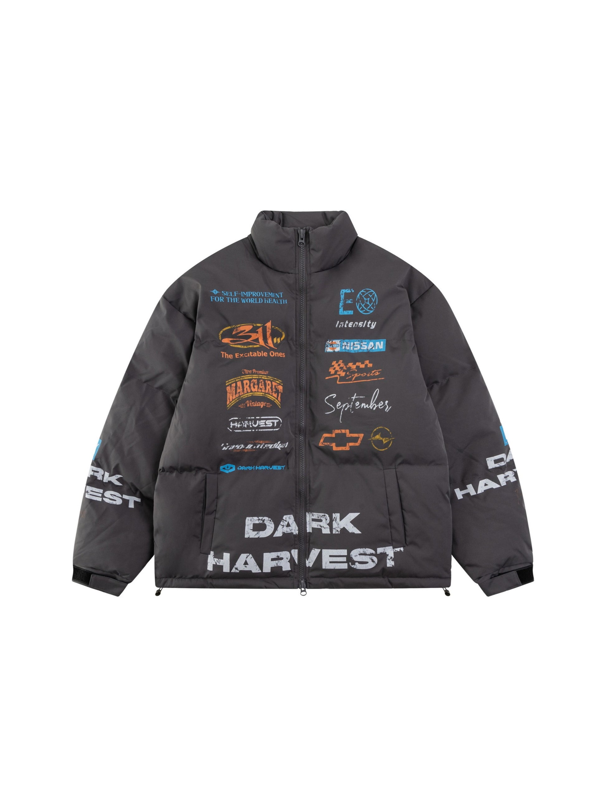 Retro Racing Print Stand Collar Coat