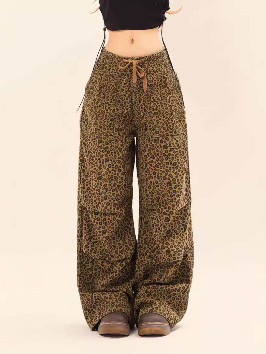 Leopard Print Drawstring Cargo Pants
