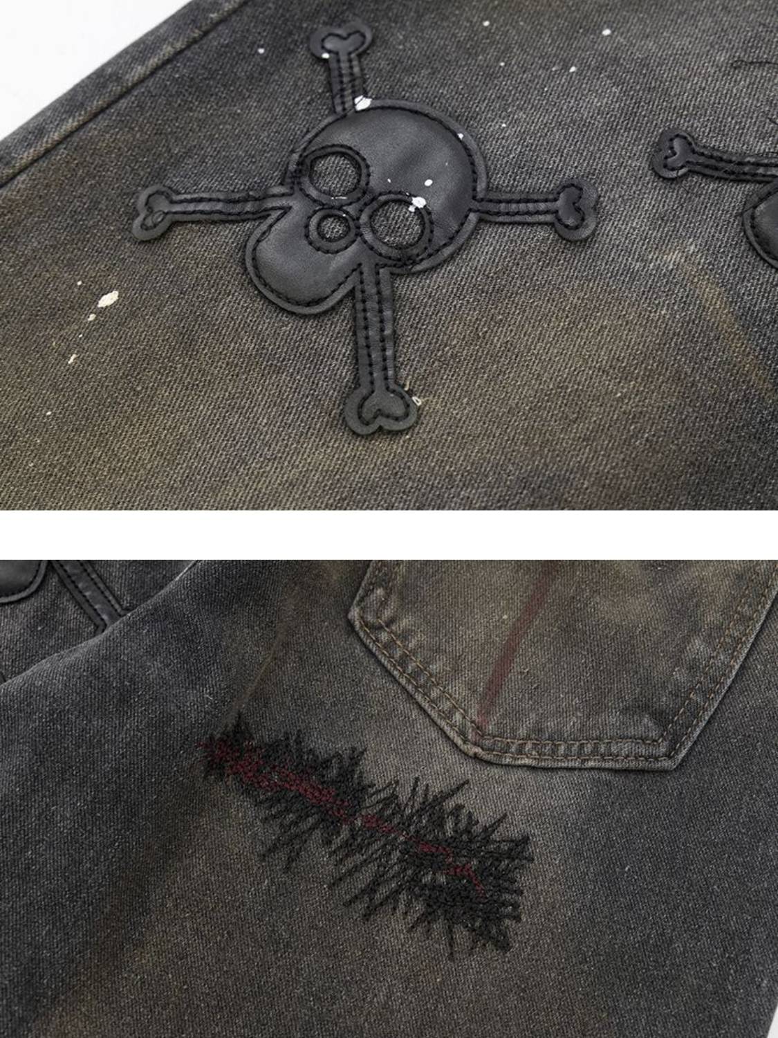 Vintage Skull Embroidery Ink Jeans