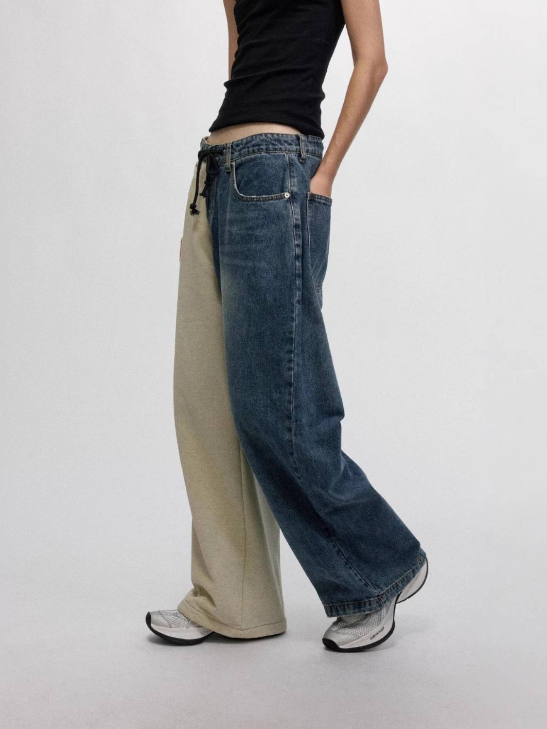 Double Fabric Splicing Drawstring Jeans