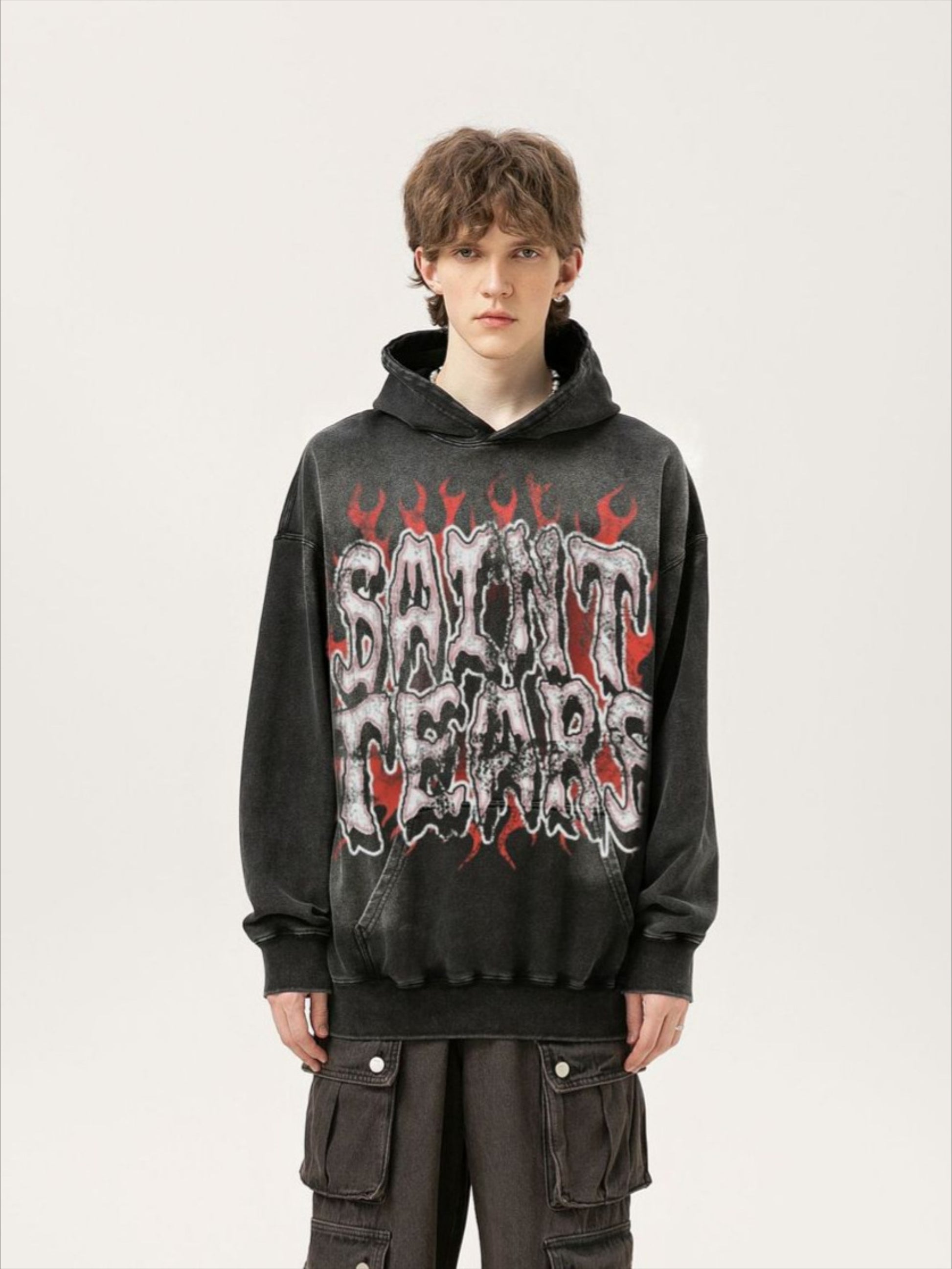 Vintage Gothic Letter Flame Print Hoodie