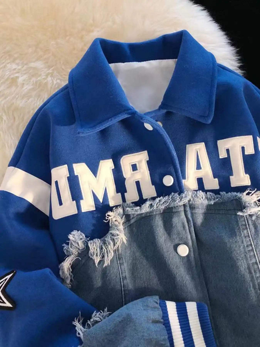 Disguisen American High Street Denim Fabric Splicing Baseball Jacket