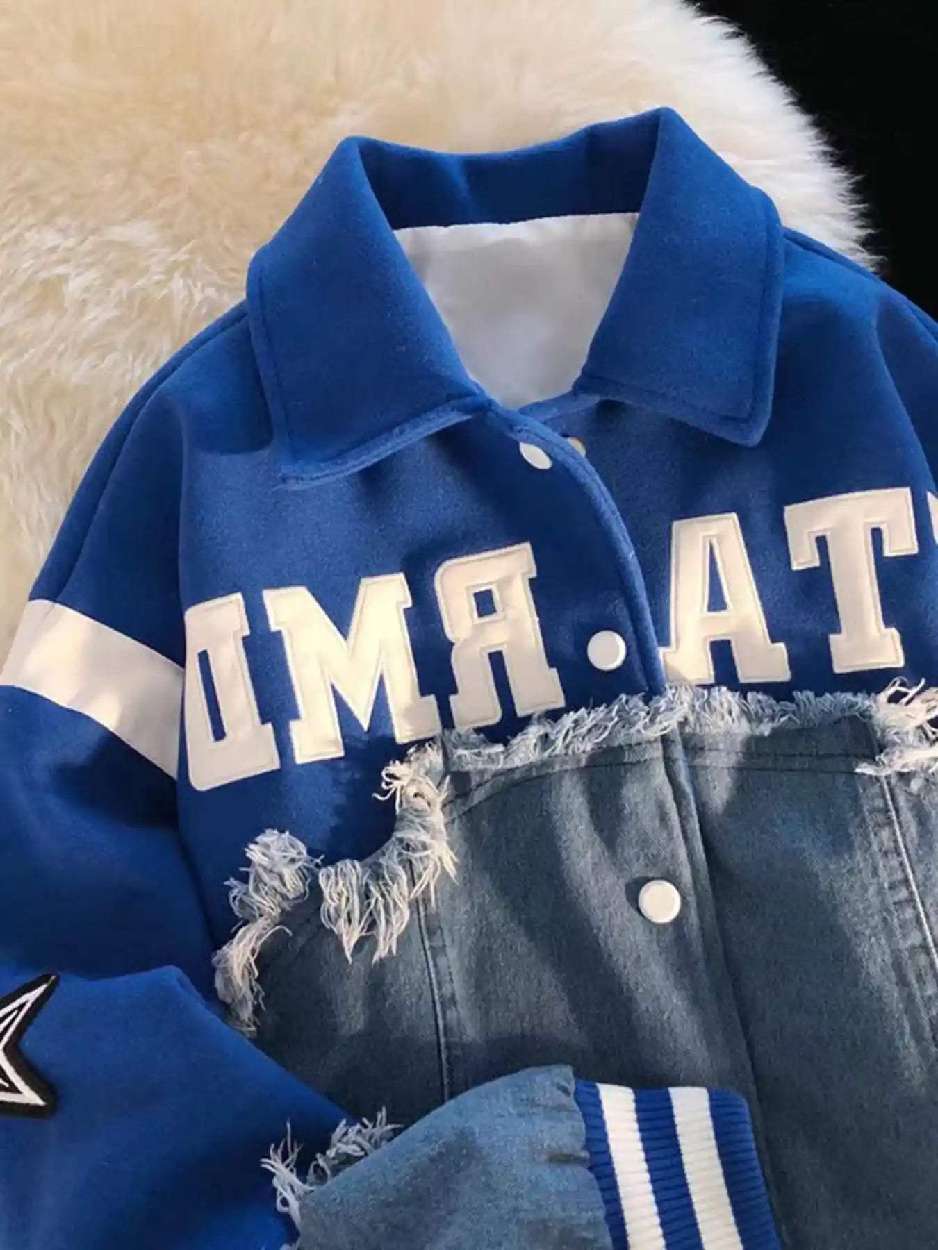 Disguisen American High Street Denim Fabric Splicing Baseball Jacket
