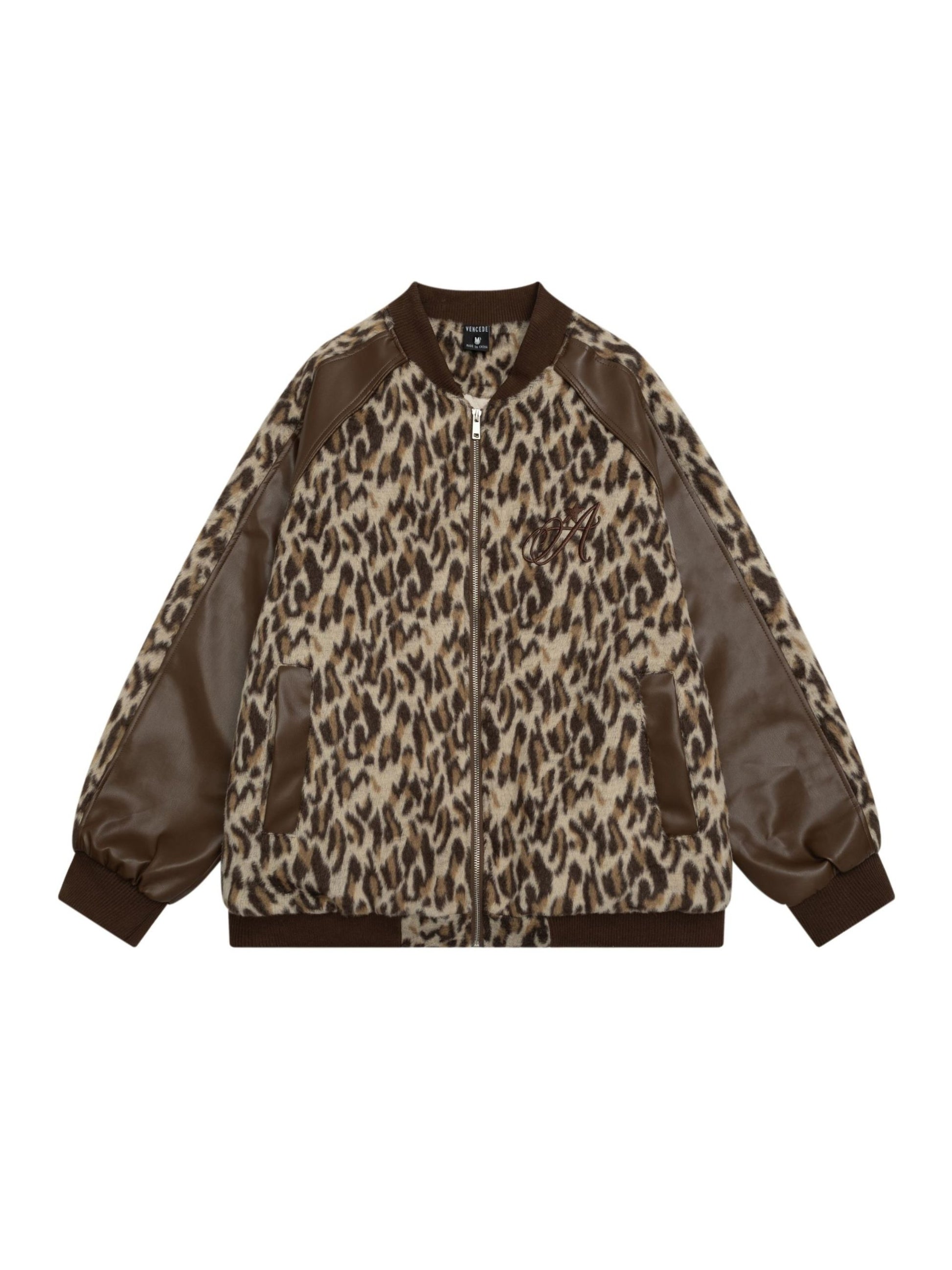 Retro Leopard Print PU Leather Baseball Jacket