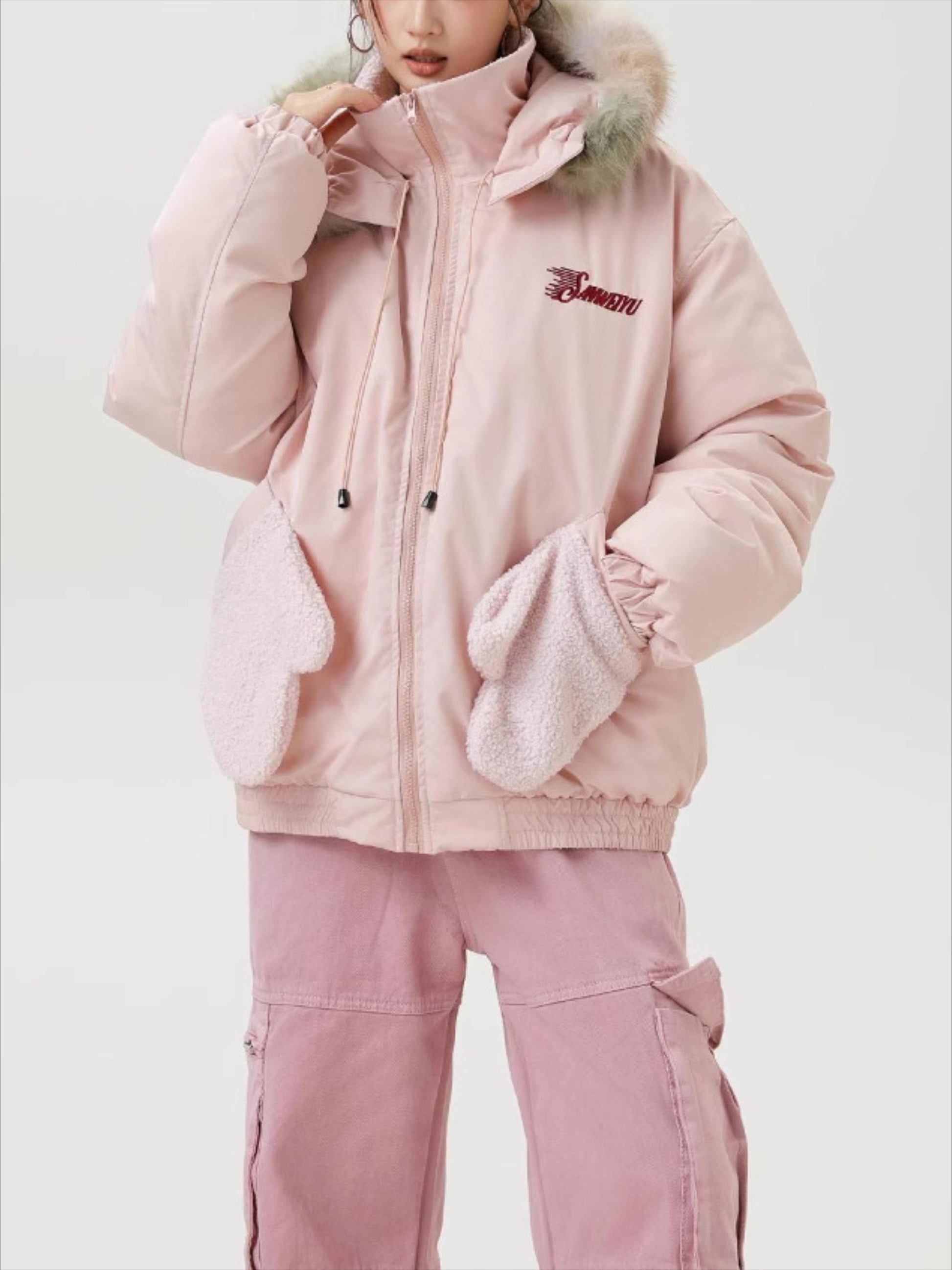 Fur Collar Patchwork Glove Pocket Hooded Jacket