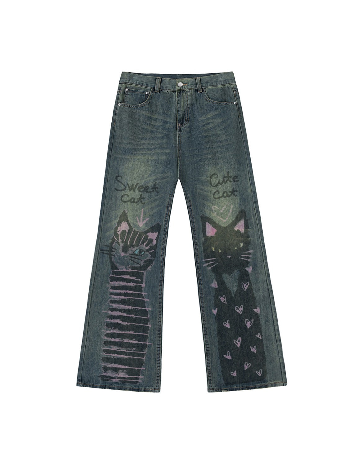 Cat Graffiti Print Jeans