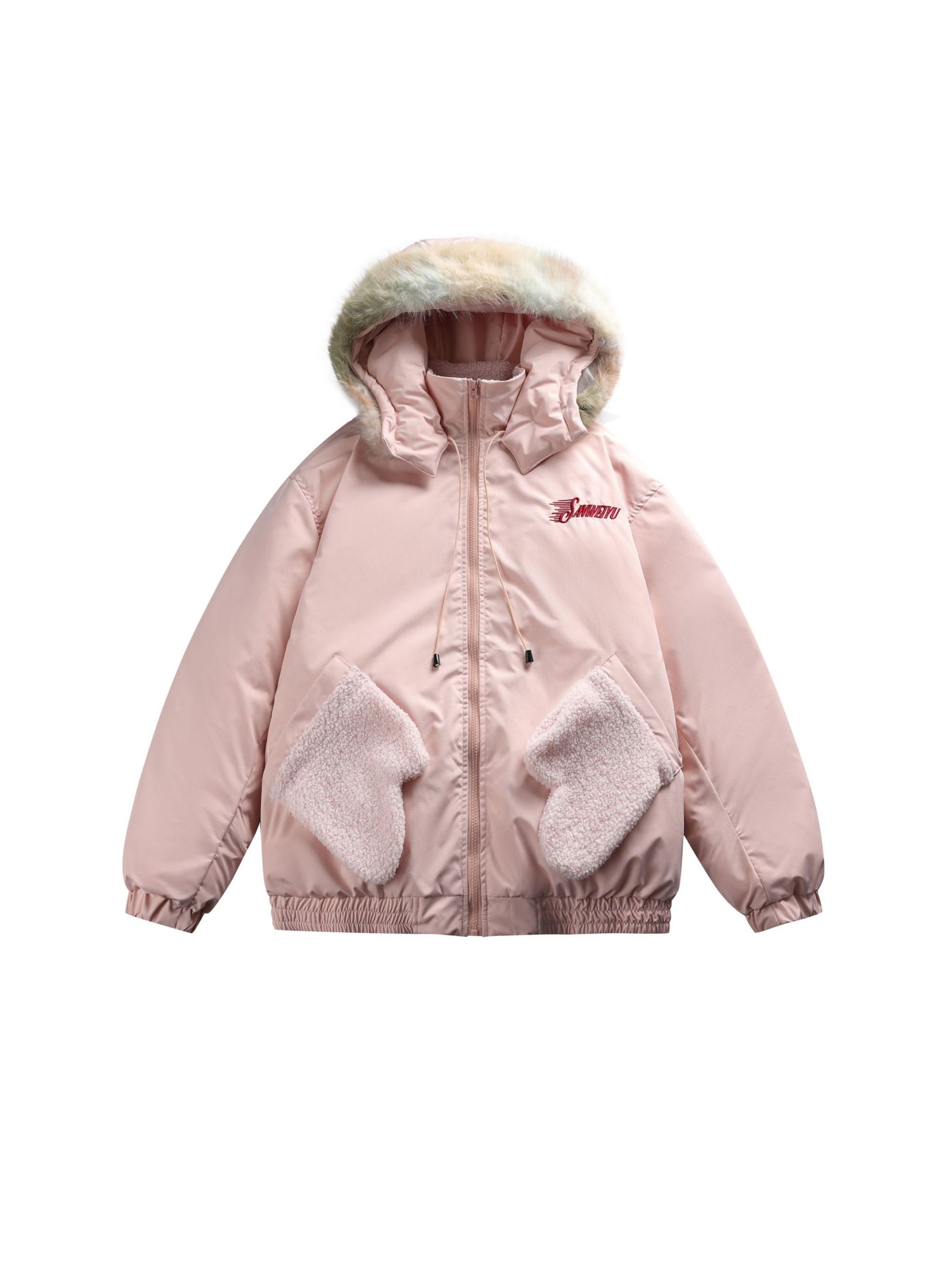 Fur Collar Patchwork Glove Pocket Hooded Jacket