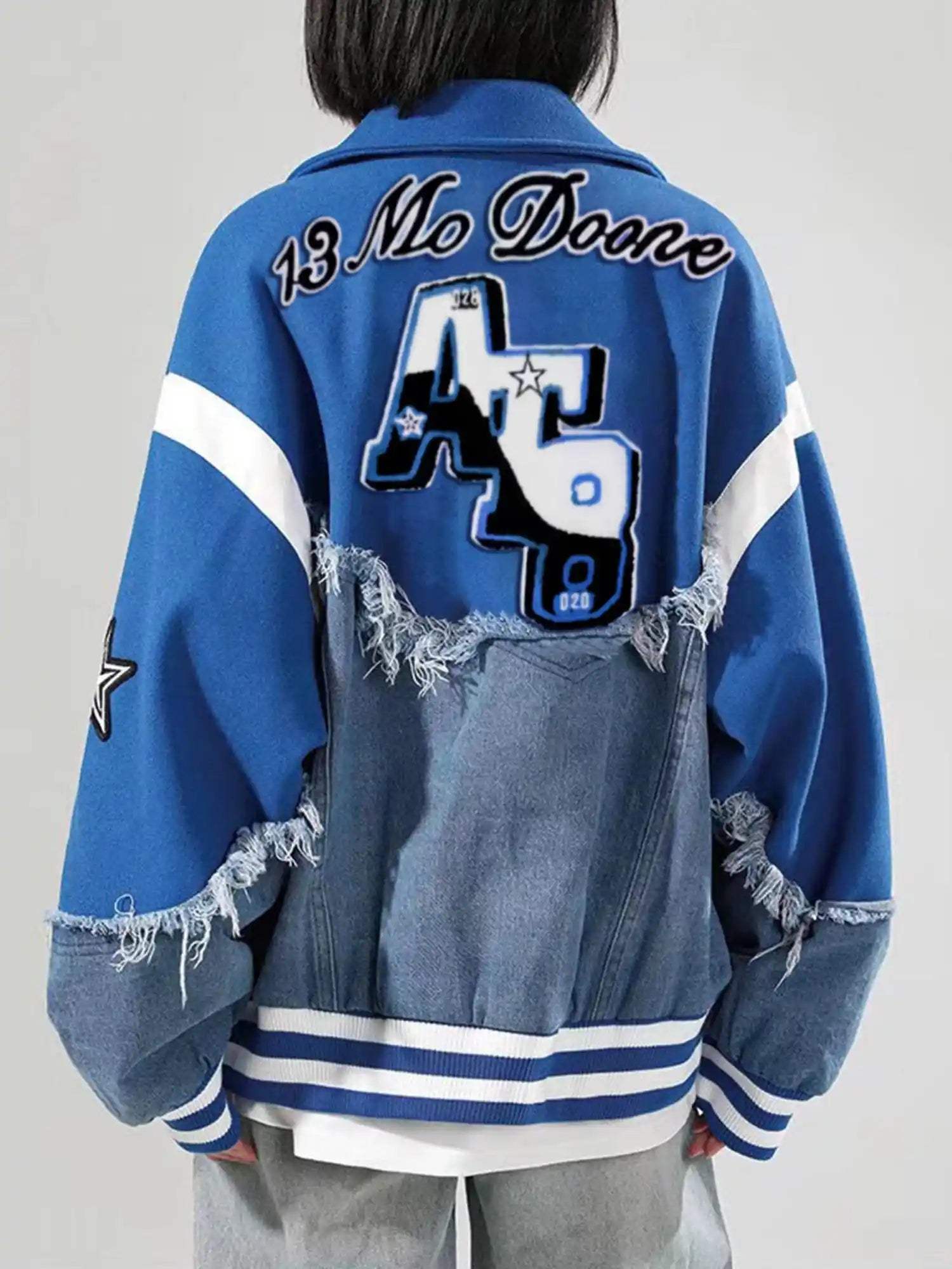 Disguisen American High Street Denim Fabric Splicing Baseball Jacket