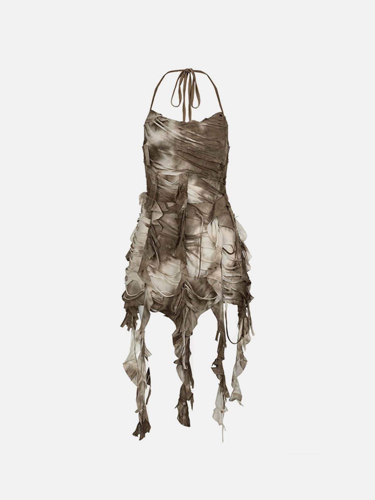 Disguisen Tie-Dye Ripped Fringed Long Dress