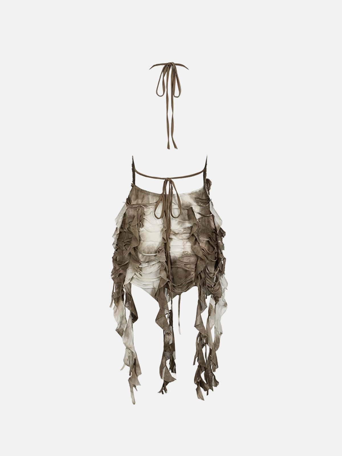 Disguisen Tie-Dye Ripped Fringed Long Dress