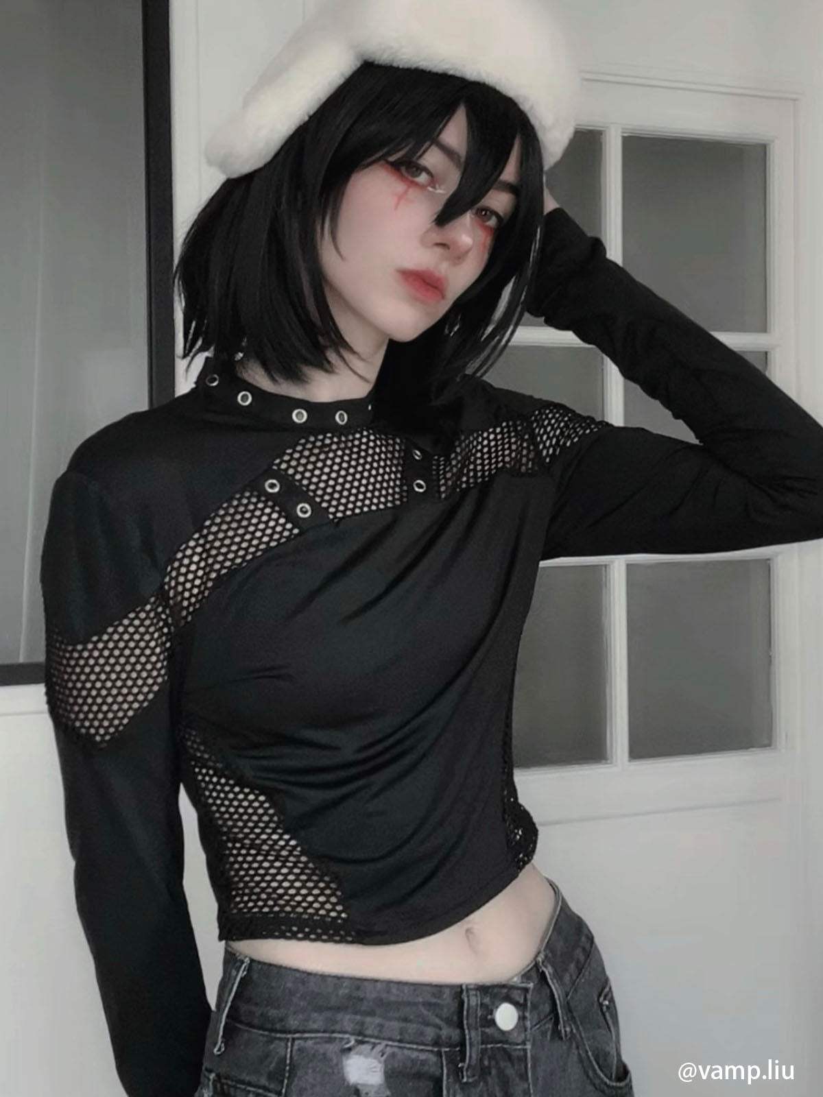 Disguisen Mesh Eyelet Cutout Crop Top